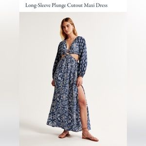 Abercrombie & Fitch Long Sleeve Plunge Cutout Maxi Dress - Blue Pattern - Small
